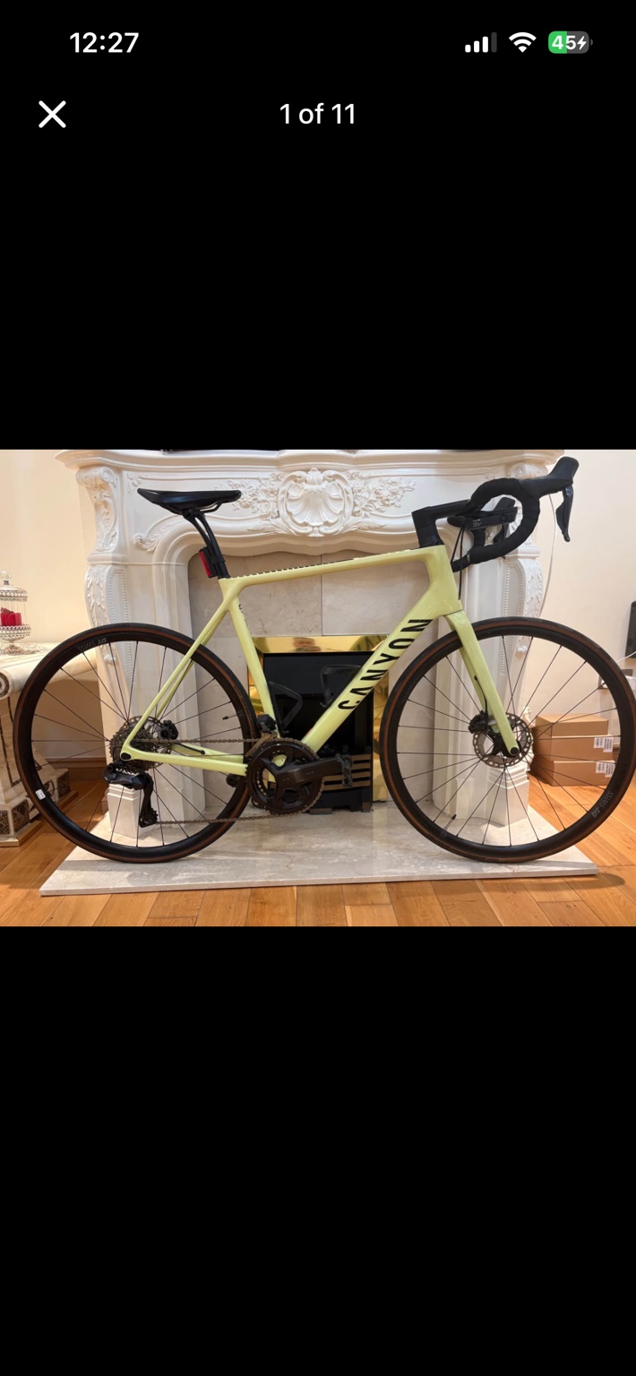 Pale yellow Canyon Endurace CF SL 8 road bike, drive-side view