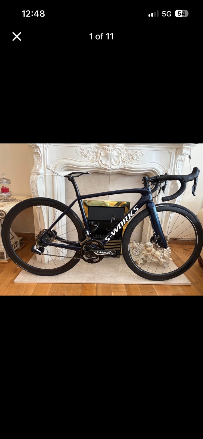 Sparkly blue Specialized S-Works Tarmac SL5 road bike, drive-side view