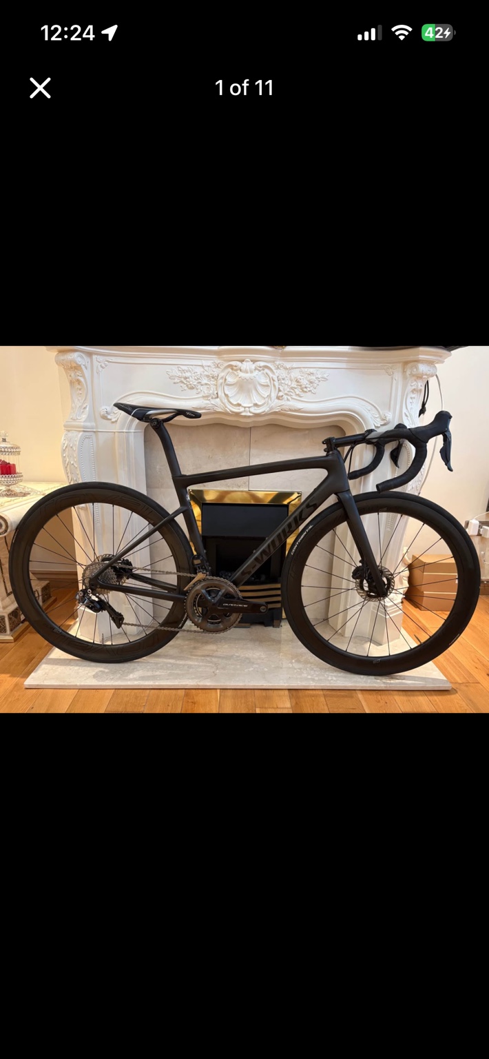 Black Specialized S-Works Tarmac SL6 road bike, drive-side view