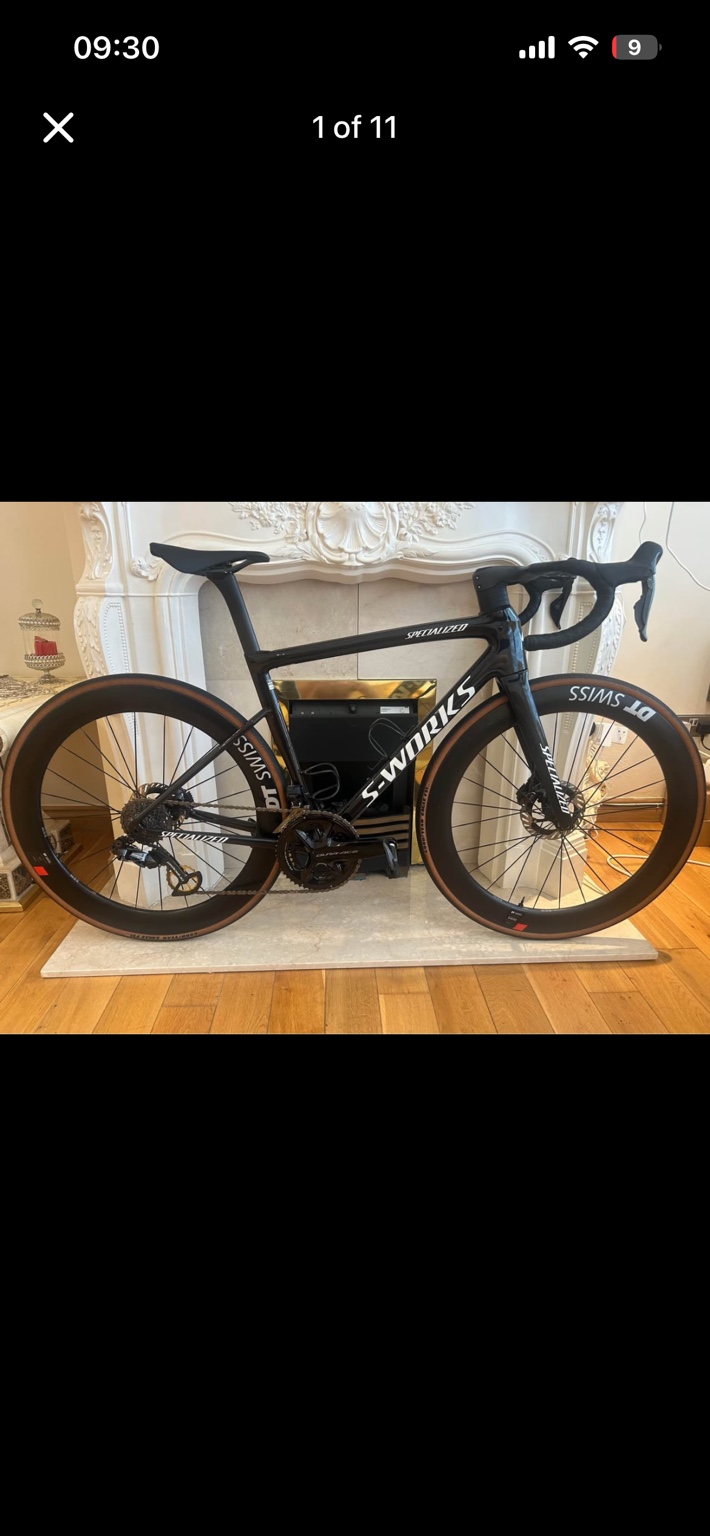 Black Specialized S-Works Tarmac SL8 Project Black road bike, drive-side view